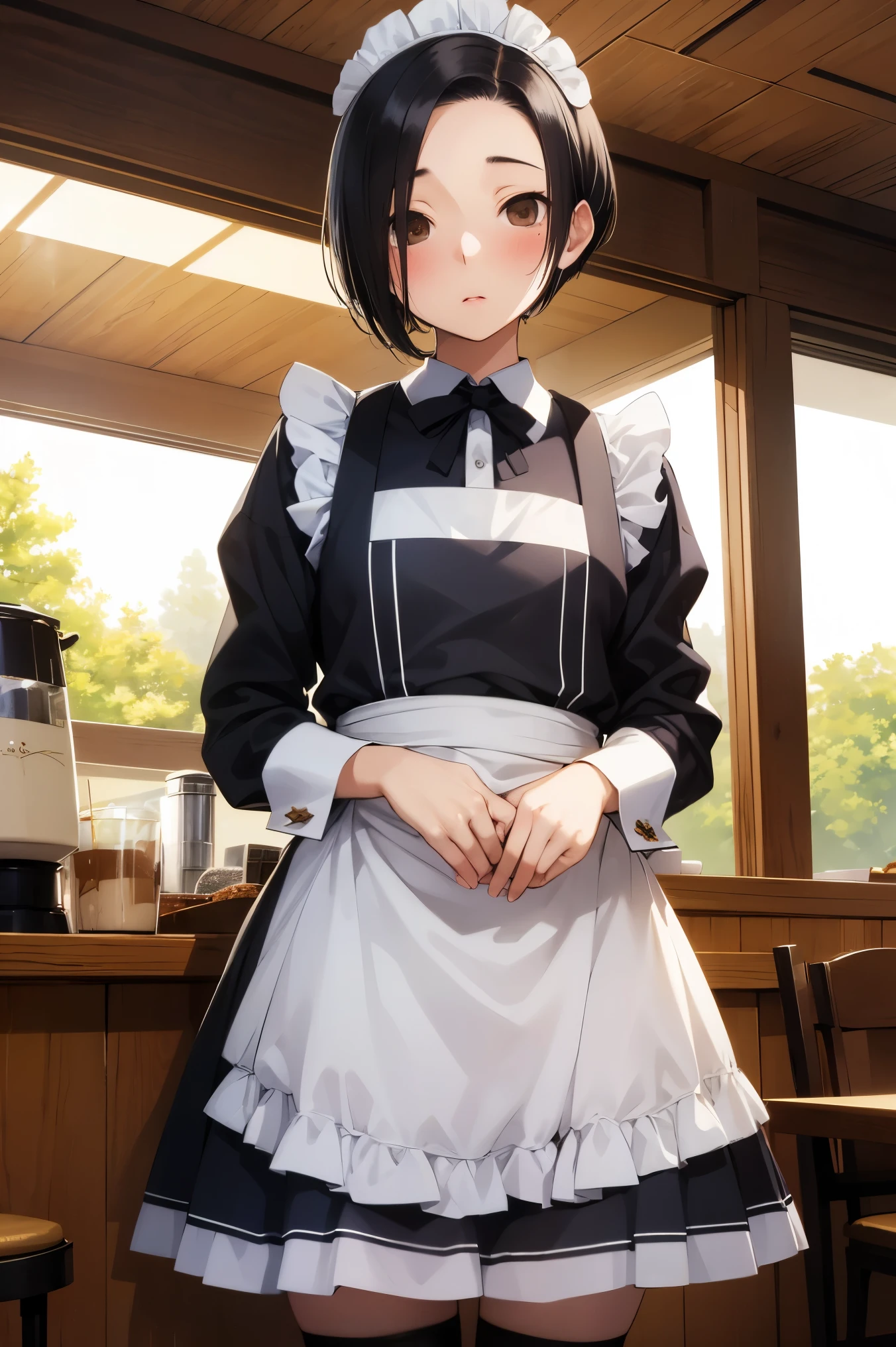 NSFW,masterpiece, best quality, high definition , very detailed,Ah-rinko 、 shorthair、 black hair、 bob cut , maid outfit , Maid Katyusha,Embarrassed,blush,Wisdom face, coffee shop,Cafe