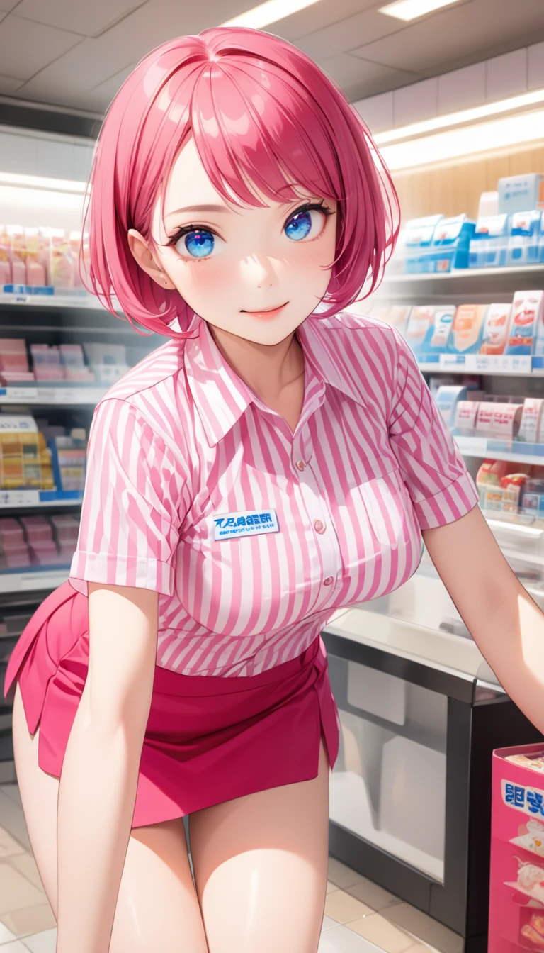 //Character 1girl,cheerful sales checkout clerk, perfect body, medium large breast, slim curve, ultra detailed face, super beautiful, innocent, cute girl, thin eyeblow, rond face, smiling full of compassion, half opened mouth, kissing face,beautiful short bobstyle, BREAK //Fashion uniform of a convenience store Attire, pale pink striped collar shirt with signature of the shop , loose booty shorts, name tag dark toned full length tights, ultra detail, complicated pattern on the tights BREAK at the convenience store , at noon , gentle light, Break Registering the product at the cash register, huge ass