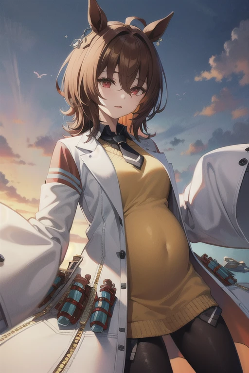  Agnes Tachyon 、Horse Girl、One person、 girl、Horse ears、Horse tail、 earring on one side 、Red eyes、I have lines in my eyes 、 shorthair、 brown hair 、Jacket、（White coat:1.2)、(bigger sleeve than wrist :1.1)、 yellow big sweater、 ties、 black pantyhose 、pregnant women、Stray hair、best qualty, 