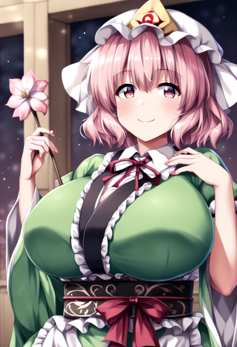  best quality,   Masterpiece ,  high definition , Alone, { Saigyo-ji Temple_Bend_East:1.15},  pink_hair, Triangle_ Headpiece, hin, short_hair,  pink_eye, pain_ cap, green_ headwear, 前hair, smile, hair_between_eye,  upper with t_body, sash, chest, ribbon,  1 girl , green_kimono, Folding_, frills, hand_, holding, holding_, Japanese_clothes, kimono, length_sleeve,  watching _in_ viewer, wide_sleeve, closure_mouth, cherry blossoms_blossoms, Frilled_kimono, , neck_ribbon, heart,  petals、 zzz c up ,破裂するchest,特大の Big Breasts,Big Breasts, Busty,超Busty, supermilk,big Breasts,big Breasts,Big Breasts,Big big breasts,bigger breasts,big,セクシーな大きなシリコンの Big Breasts,セクシーなビッグサイズのシリコン製Big Breasts,垂れたchest,((垂れ下がった Big Breasts)),((重く垂れた Big Breasts:1.5))、卑猥なbody,Fat ,, エロマンガスタイルのbody、 mature mature body steam、Sアップer huge、Sアップer huge、 sアップer exaggerated 、 extra large、 over covered ,  Hidden Breast Erections 