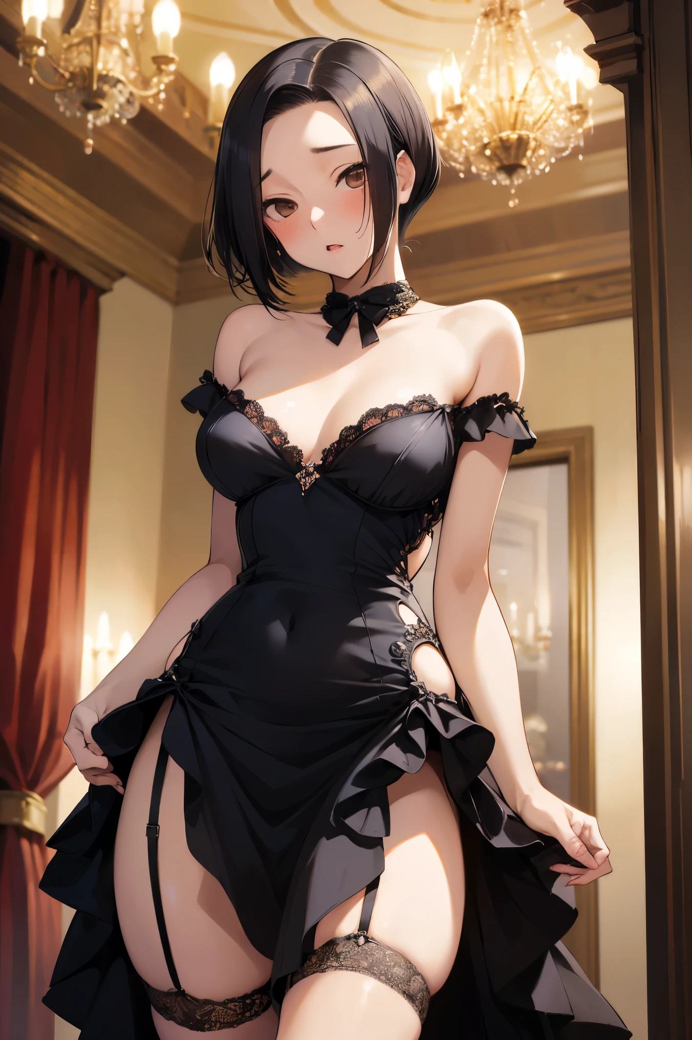 NSFW,masterpiece, best quality, high definition , very detailed,Ah-rinko 、 shorthair、 black hair、 bob cut 、( evening dress:1.5), Garter Straps ,Luxurious mansion, chandeliers ,Embarrassed,blush