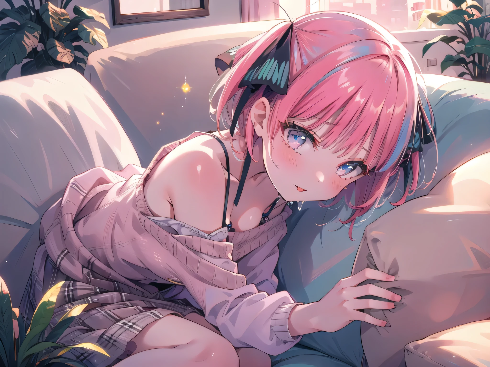 Little girl hugging pillow、There are dull hairs、A pink-haired、shy、inside a room、In the daytime