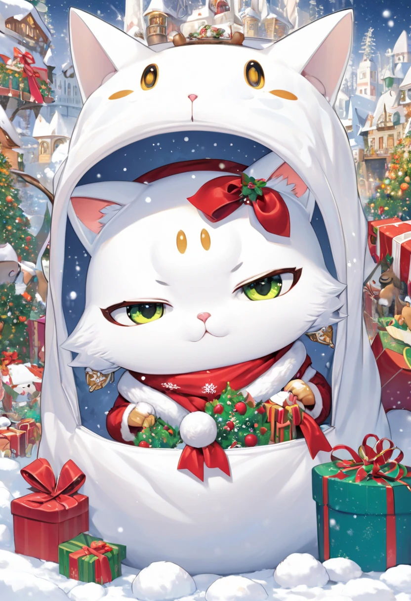 A  chibi character girl and cat hiding in a big white bag for Santa Claus' presents, with only their faces showing, cute fantasy illustration art, ultra detailed, absolutely resolution, masterpiece