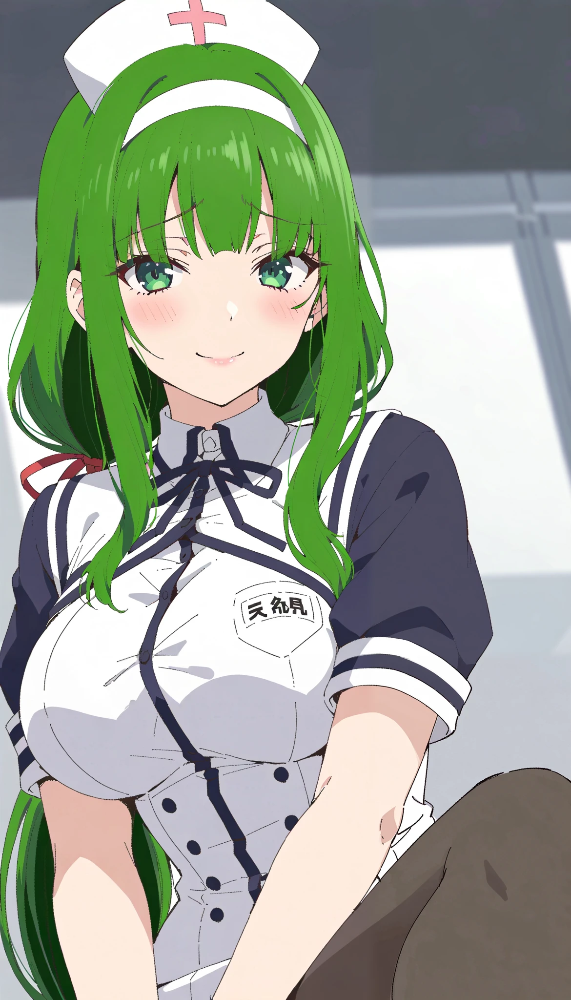 masterpiece,best quality,ultra-detailed,high resolution,4k portrait,8k portrait, anime screencap, portrait,1girl,hasebe_touka, long hair, pantyhose, green hair, ribbon ,hairband, hair ribbon ,very long hair ,green eyes, bangs, red ribbon ,white hairband ,low-tied long hair,(((nsfw))) ,(((busty))), 1girl, sensual body, smile ,Her cheeks flushed , looking at viewer ,nurse, nurse cap, breast pocket, collared dress, short dress, short sleeves, thighs, white dress, white headwear, hospital