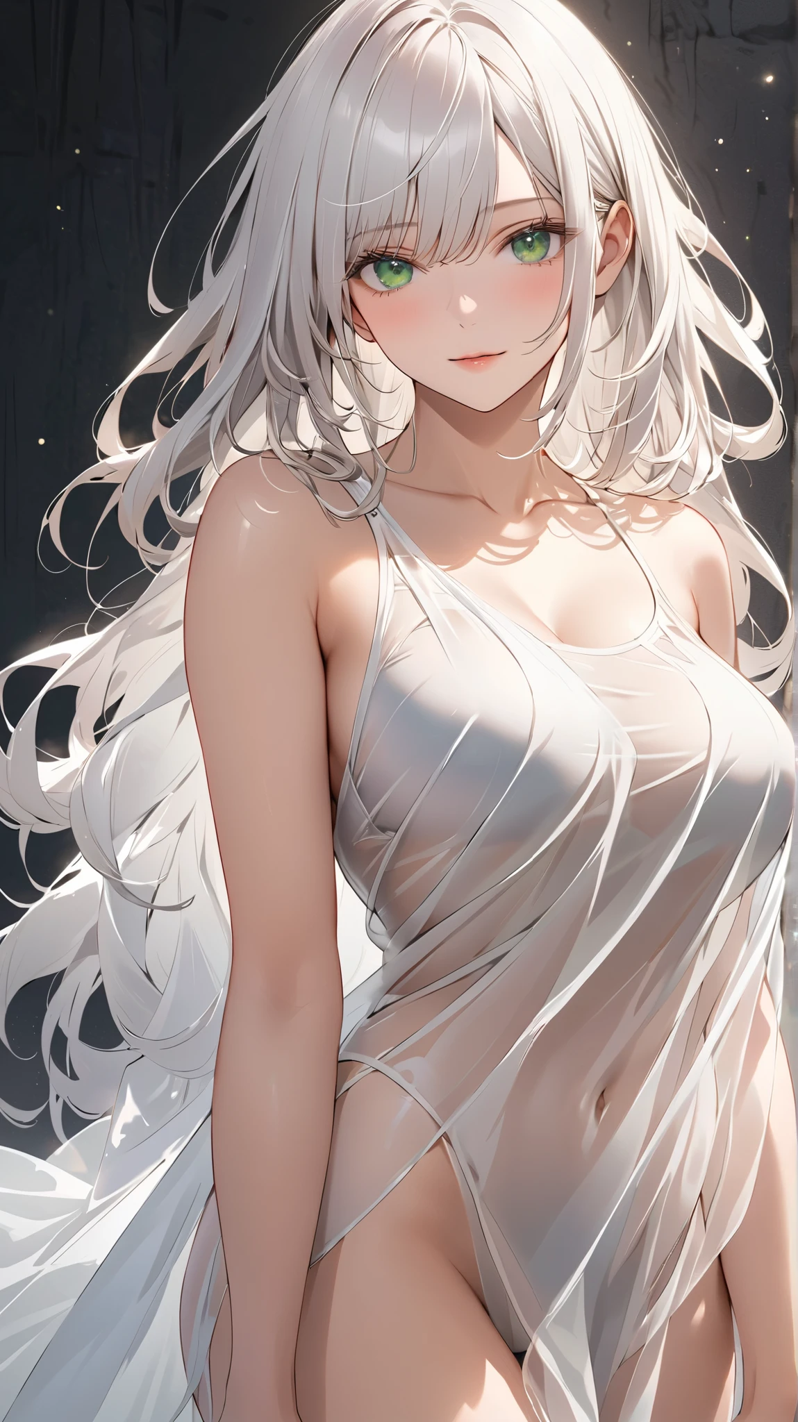 "1 young and stunning girl, white oversized shirt, off-shoulder, bare legs, masterpiece, best quality, 8k UHD, ultra high-res, black background, studio lighting, delicate hair."