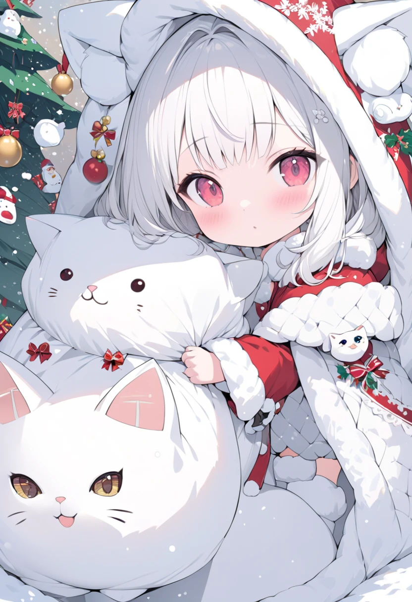 A  chibi character girl and cat hiding in a big white bag for Santa Claus' presents, with only their faces showing, cute fantasy illustration art, ultra detailed, absolutely resolution, masterpiece