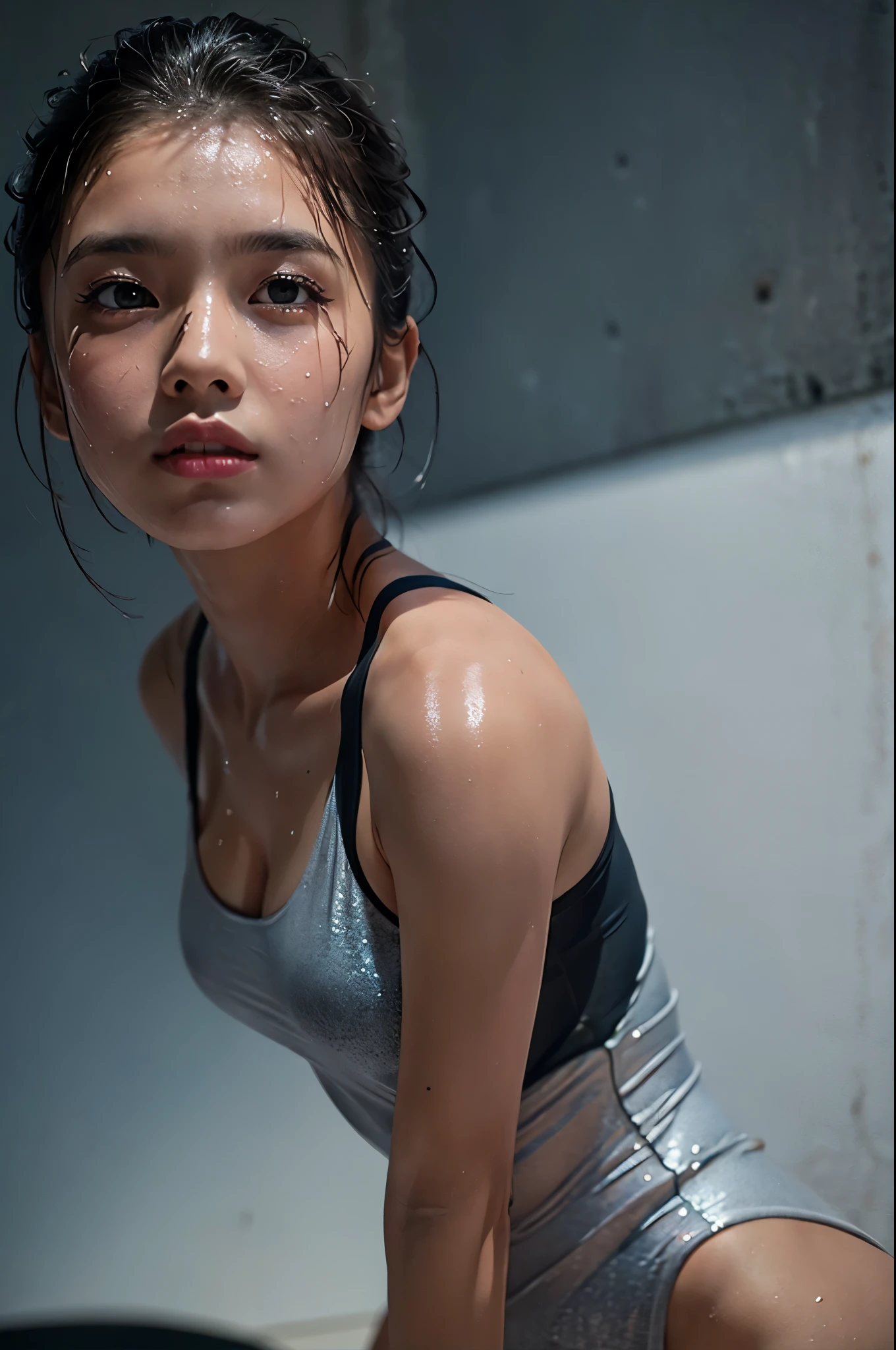 (8k, RAW photo, top quality, masterpiece, photo-realistic, depth of field:1.2),(full body:1.2),(I-Balance Pose:1.2),(wet hair, wet skin, oily skin, sweaty clothes, sweaty grey leotard),beautiful detailed eyes, beautiful detailed lips, extremely detailed eyes and face, long eyelashes, young girl, athletic toned body, flawless skin, elegant pose, studio lighting, cinematic color grading, dramatic shadows and highlights