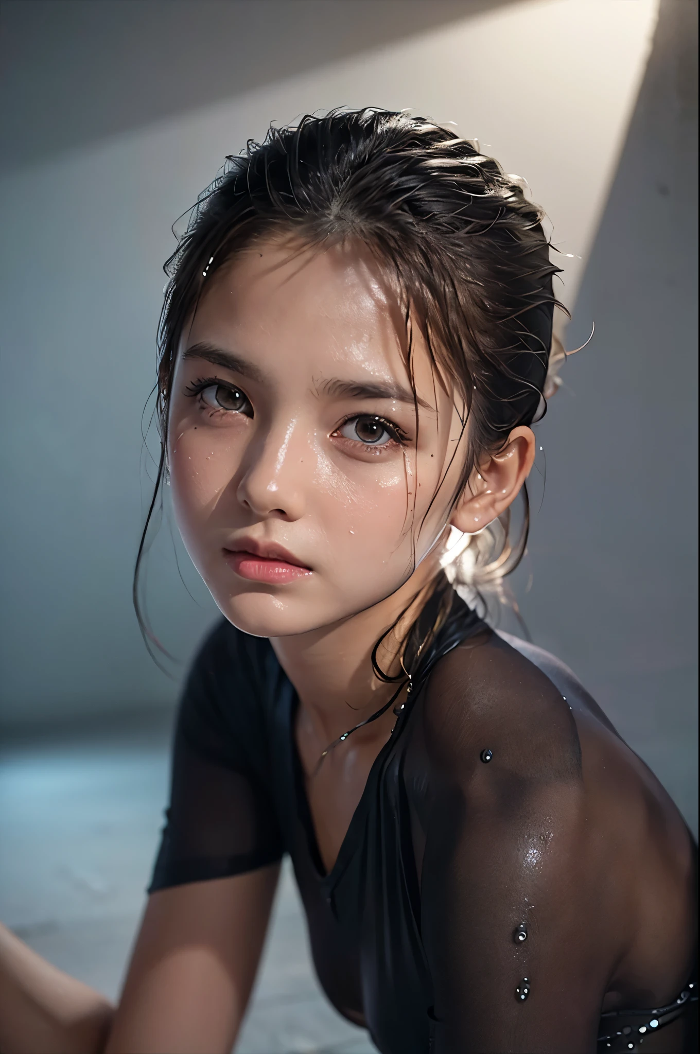 (8k, RAW photo, top quality, masterpiece, photo-realistic, depth of field:1.2),(full body:1.2),(I-Balance Pose:1.2),(wet hair, wet skin, oily skin, sweaty clothes, sweaty grey leotard),beautiful detailed eyes, beautiful detailed lips, extremely detailed eyes and face, long eyelashes, young girl, athletic toned body, flawless skin, elegant pose, studio lighting, cinematic color grading, dramatic shadows and highlights