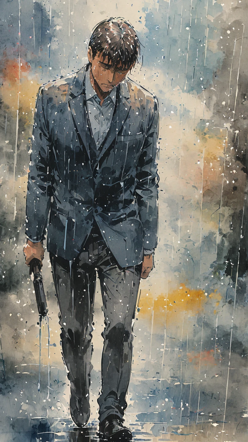 watercolor painting of a man in suit in the rain. full body shot of the man who is soaked under the rain. he tilts his head up to face the rain, the rainwater flows down his face. he is walking in the street, holding his hands out to feel the rain. watercolor brushes stroke painting style. the sky is dark.