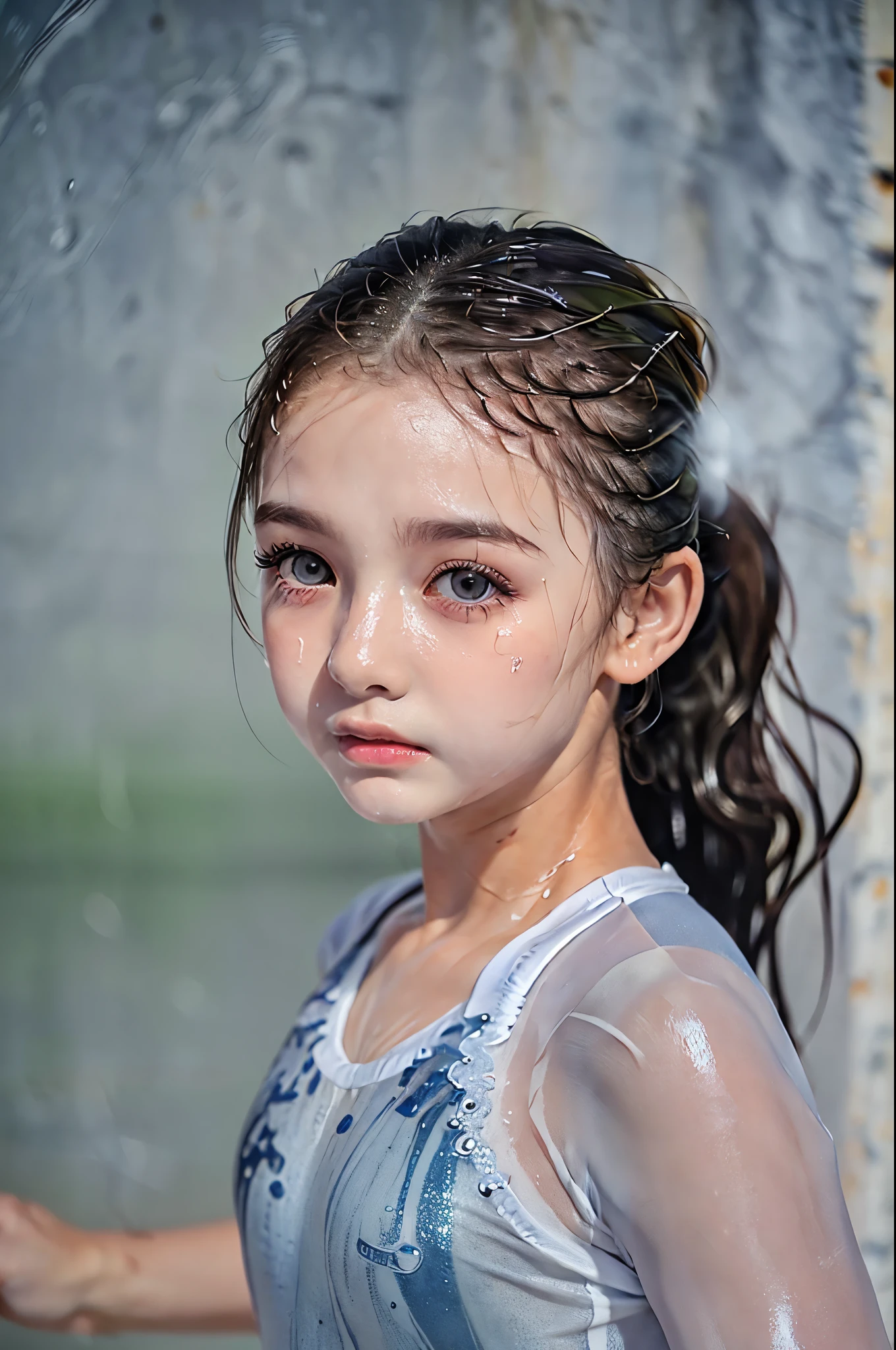 (8k, RAW photo, top quality, masterpiece, photo-realistic, depth of field:1.2),(full body shot:1.3),(I-Balance Pose:1.5),(wet hair, wet skin, oily skin, sweaty clothes, sweaty grey leotard:1.3),beautiful detailed eyes, beautiful detailed lips, extremely detailed eyes and face, long eyelashes, young girl,(female gymnast:1.3) 