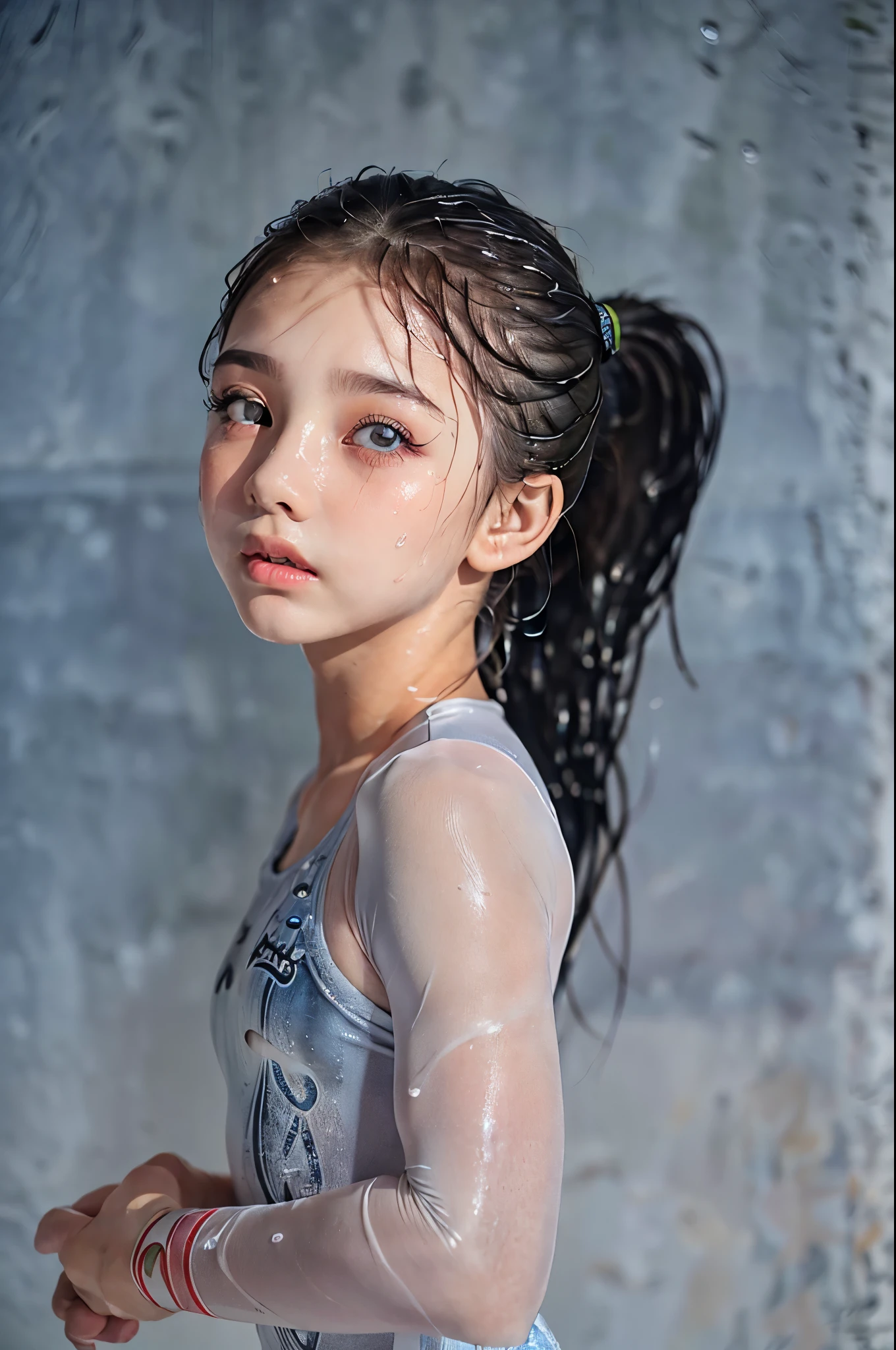 (8k, RAW photo, top quality, masterpiece, photo-realistic, depth of field:1.2),(full body shot:1.3),(I-Balance Pose:1.5),(wet hair, wet skin, oily skin, sweaty clothes, sweaty grey leotard:1.3),beautiful detailed eyes, beautiful detailed lips, extremely detailed eyes and face, long eyelashes, young girl,(female gymnast:1.3) 