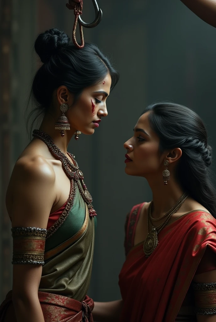 One kerala woman in blue saree and Tamil woman in red saree fight for husband in a bedroom in a hot summer.