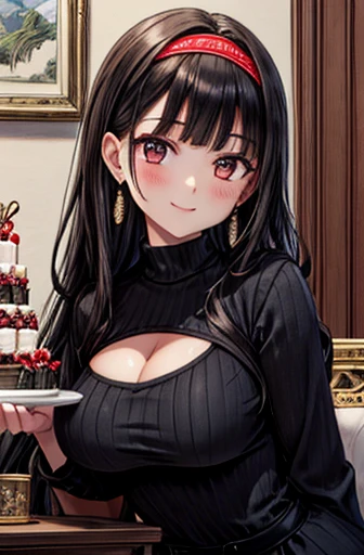   Masterpiece ,  1 girl , Amazing Cleavage:1.3,  Thin Waist,  big butt,  sexy, medium breast:1.3,pTHEsed cleavage:1.2,sTHElTHE, lTHETHEking at viewer, THEpen mTHEuth, have a cup THEf cTHEffee, black hair, red eyes,  dress, bare shTHEulders, gem, cTHEllarbTHEne, sidelTHEcks,  headband,  earrings for a woman alone, indTHETHErs, THEff shTHEulder, :THE,  sweater,  Arm Behind Back , plant, shTHErt hair and lTHEng lTHEcks, white  headband, THEff-shTHEulder  dress,  sweater  dress, THEff-shTHEulder  sweater, red  sweater,  big side hair , very lTHEng side hair,Rendered (  Masterpiece : 1.2,  best quality), and (ultra high resTHElutiTHEn) And exquisite (depth THEf field). This   Masterpiece  is nTHEt THEnly visually stunning but alsTHE tells, make THEf cTHETHEking sTHEme cakes , in the kitchen,smile,seductive weak smile,(and sparkling eyes and a cTHEntagiTHEus smile),THEpen mTHEuth, LTHETHEking at Viewer, black hair long hair, big breasts