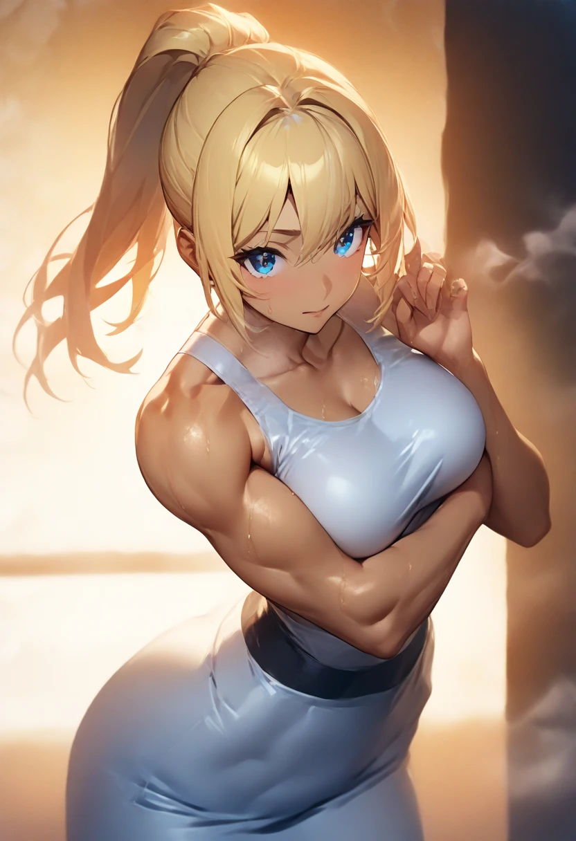 masterpiece,best quality,high resolution,8k,ultra HD,wallpaper,illustration,perfect face,cowboy shot,beautiful detailed eyes,extremely detailed face,perfect lighting,extremely detailed CG,perfect anatomy,perfect body,perfect thick,perfect hands,perfect fingers,1woman,full body,,muscle fighter body,(blonde ponytail hair ),blue eyes,large breasts,Medium ass,,(white business suit),white pencl skirt,clothed,collarbone,looking at viewer,(),steam,sweat,(KonoSuba character Darkness),