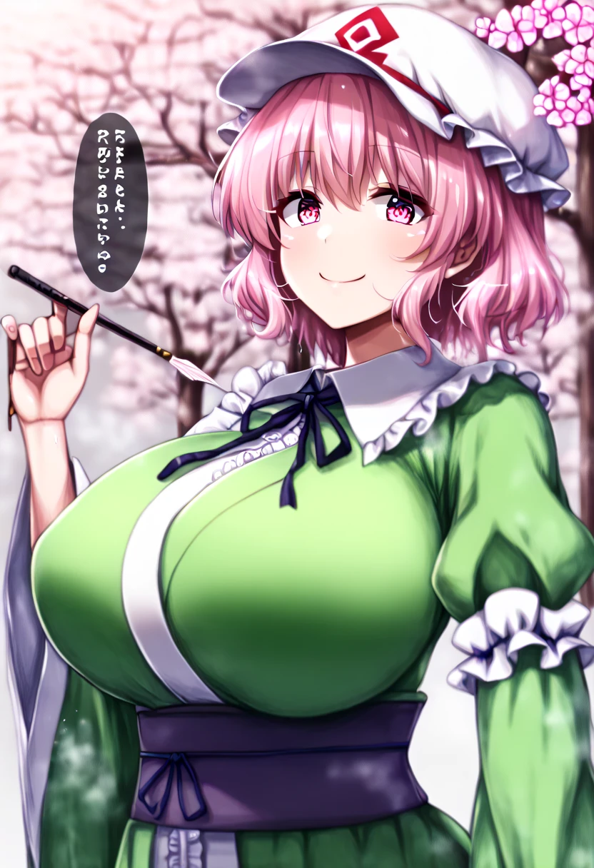  best quality,  Masterpiece ,  high definition , Alone, { Saigyo-ji Temple_Bend_East:1.15},  pink_hair, Triangle_ Headpiece, hin, short_hair,  pink_eye, pain_ cap, green_ headwear, 前hair, smile, hair_between_eye,  upper with t_body, sash, chest, ribbon,  1 girl , green_kimono, Folding_, frills, hand_, holding, holding_, Japanese_clothes, kimono, length_sleeve,  watching _in_ viewer, wide_sleeve, closure_mouth, cherry blossoms_blossoms, Frilled_kimono, , neck_ribbon, heart,  petals、 zzz c up ,破裂するchest,特大の Big Breasts,Big Breasts, Busty,超Busty, supermilk,big Breasts,big Breasts,Big Breasts,Big big breasts,bigger breasts,big,セクシーな大きなシリコンの Big Breasts,セクシーなビッグサイズのシリコン製Big Breasts,垂れたchest,((垂れ下がった Big Breasts)),((重く垂れた Big Breasts:1.5))、卑猥なbody,Fat ,, エロマンガスタイルのbody、 mature mature body steam、Sアップer huge、Sアップer huge、 sアップer exaggerated 、 extra large、 over covered ,  Hidden Breast Erections 