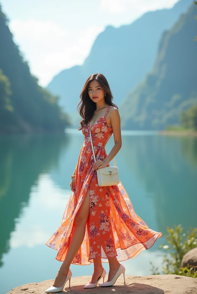 slightly fat Indonesian woman wearing a long red dress standing posing on a suspension bridge made of bamboo, she is happy, smiling, stylish dynamic pose, natural beauty, natural make up, beautiful natural scenery, enchanting blue sky, lens flare, Taken using Sony Alpha α7CR full-frame, photorealistic, UHD 1536px, high quality photo.