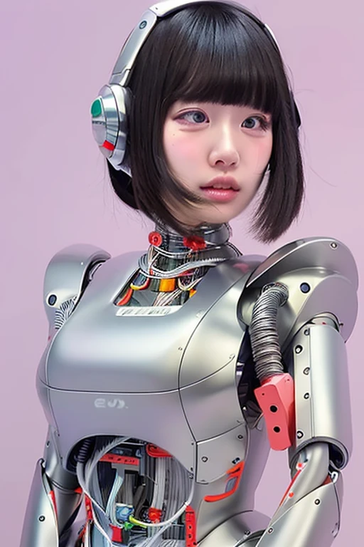 masterpiece, best quality, extremely detailed,portrait,front view,Japaese android girl,Plump, control panels,android,Droid,Mechanical Hand, Robot arms and legs,Blunt bangs,long tube,thick cable connected her neck