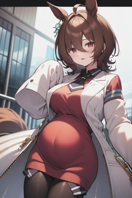  Agnes Tachyon 、Horse Girl、One person、 girl、Horse ears、Horse tail、 earring on one side 、Red eyes、I have lines in my eyes 、 shorthair、 brown hair 、Jacket、（White coat:1.2)、(bigger sleeve than wrist :1.1)、 yellow big sweater、 ties、 black pantyhose 、pregnant women、Stray hair、best qualty, 