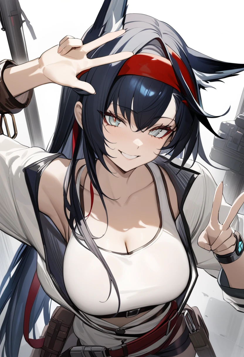 masterpiece,  best quality,  1 girl , blaze\( Arknights ),  Arknights , smile, Cat ears,  black hair,  s,  clevis, Red headband,  white tank top,  white jacket,