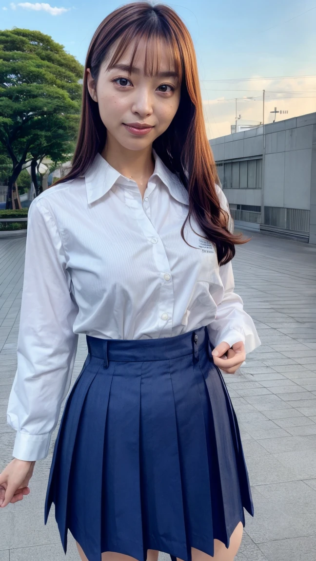 a beautiful 18 year old Japanese high school girl with perfect anatomy, healthy thighs, beautiful legs, beautiful skin, random hair color and style, large breasts, (wearing a Japanese schoolgirl uniform:1.3), holding a student bag, full body shot, standing on a city street, (best quality,4k,8k,highres,masterpiece:1.3),(extremely detailed:1.2),photorealistic,ultra-detailed,vivid colors, studio lighting, professional, hayashiyuka