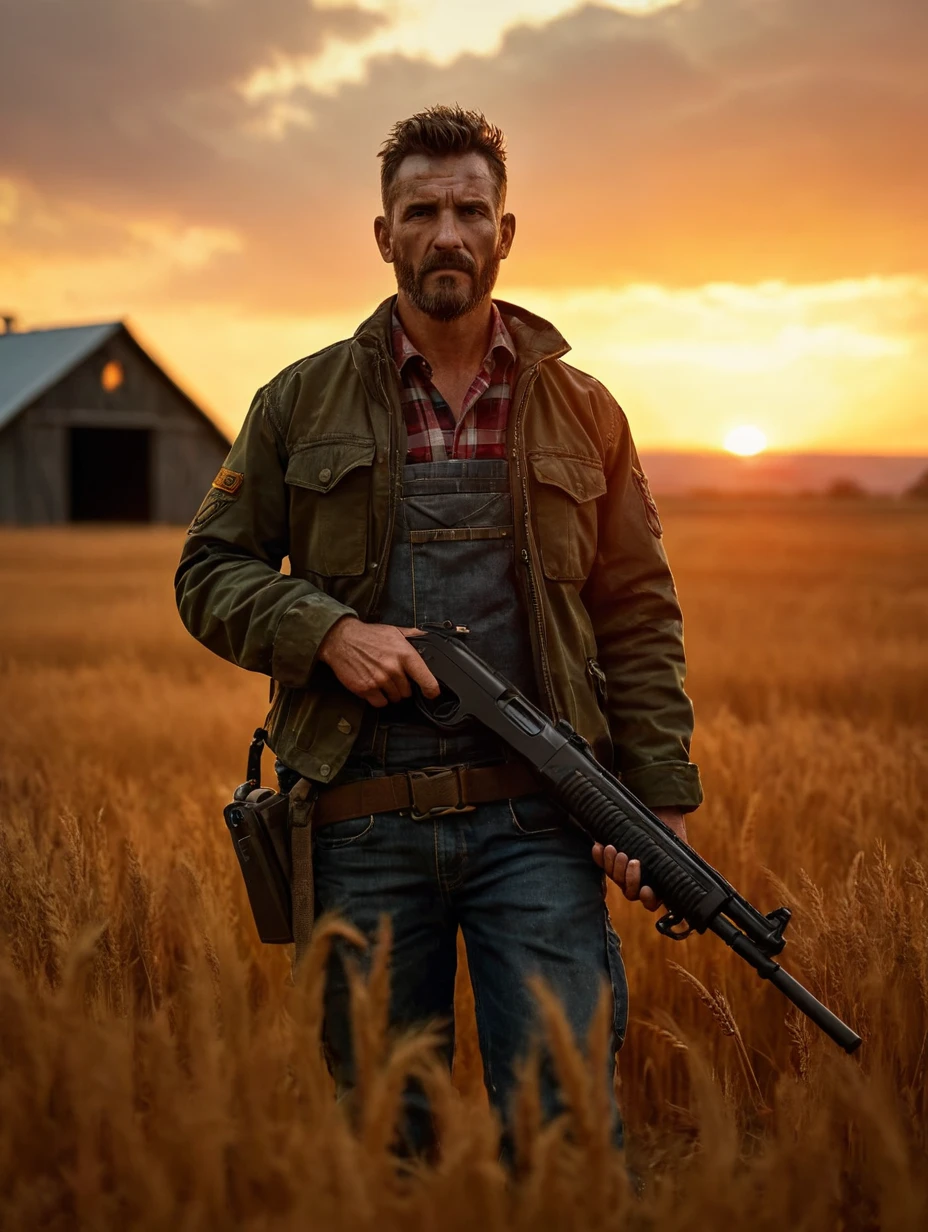 A rugged ex-Marine with a grizzled appearance, standing in a dramatic, action-packed pose inspired by 'First Blood.' He is wearing a mix of military gear (a camouflage jacket, tactical boots) and farm clothes (denim overalls and a plaid shirt). Holding a rifle with both hands, he looks fierce and ready for battle. The background features a golden wheat field, a rustic barn, and amber waves of grain under a dramatic sunset sky, creating a gritty yet cinematic feel.