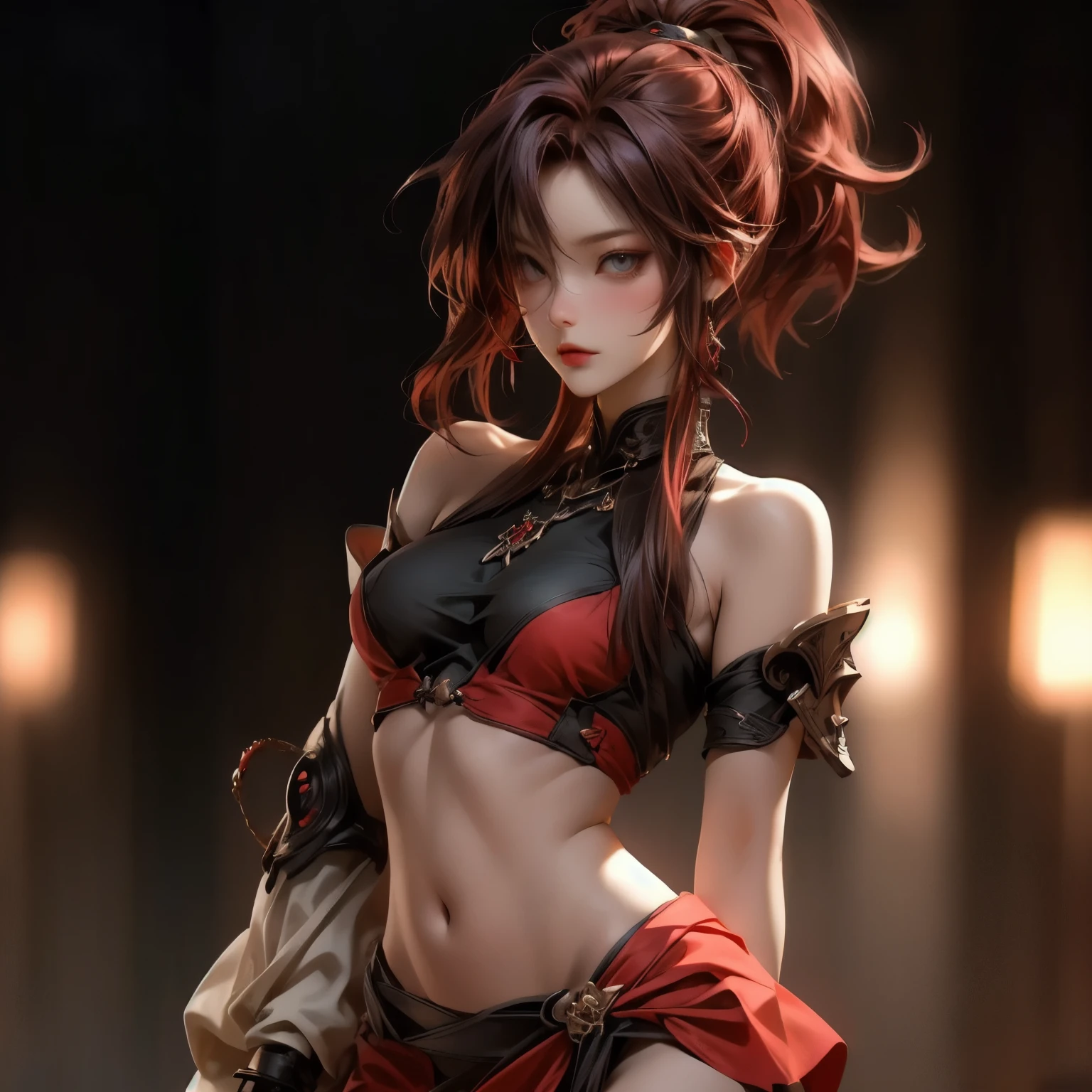 absurdness, RAW photo, highest quality, (masterpiece: 1.3), RAW color photo with high detail, professional photo, extremely detailed CG 8k wallpaper unit, photorealistic, realistic, RAW photo, masterpiece, best quality, highres, illustration, 1girl, 18 YEARS, tall, red hair, mid-length, slim legs, beautiful realistic perfect face, beautiful detailed brown eyes, light skin, detailed skin texture, flat breasts, small butt, nice body. Getting out of the shower. Sitting with legs open (red animal skin loincloth, detailed design) In a wooden dojo with swords, spears, and sticks in the background.