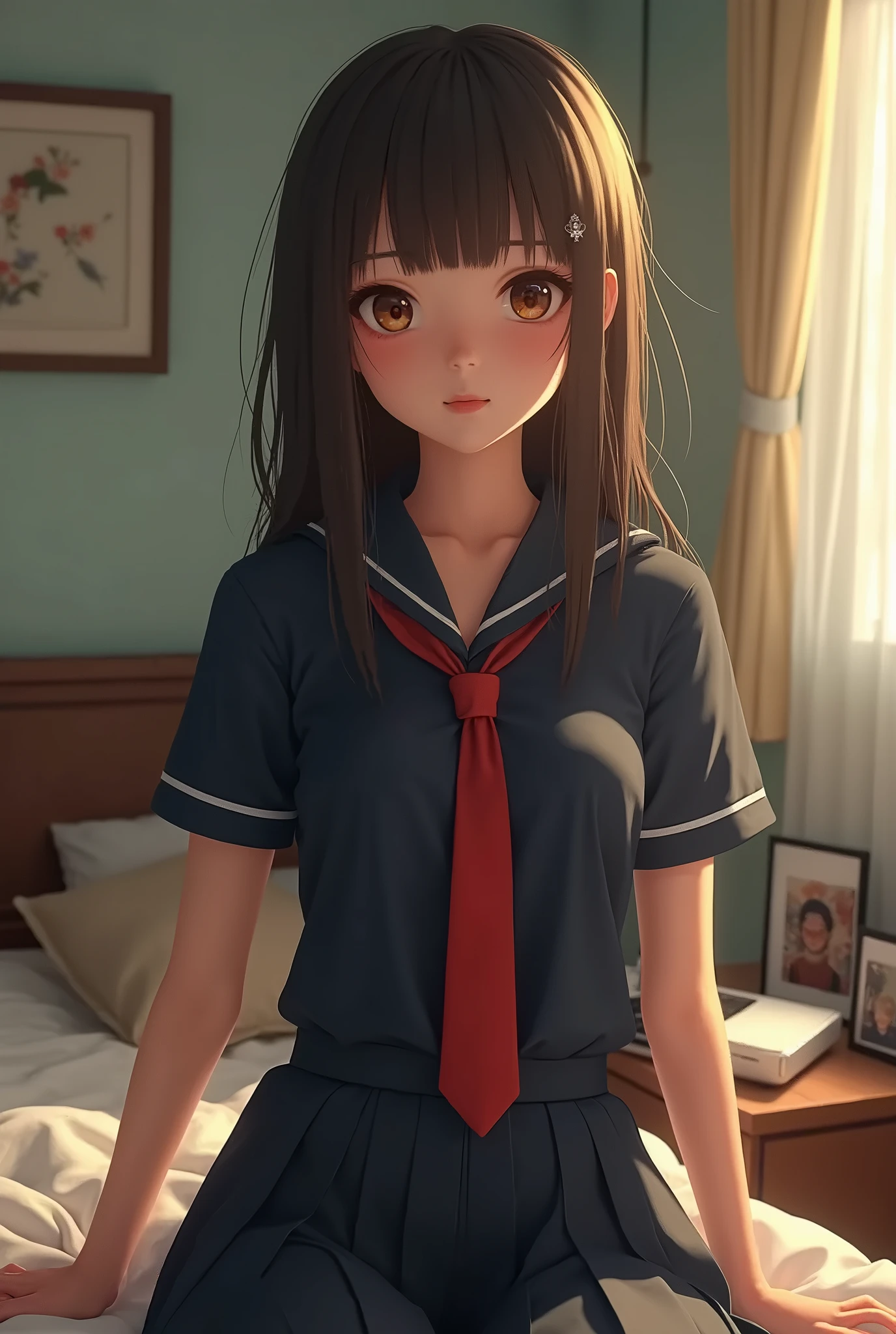 A beautiful woman with cat ears wearing a nurse's uniform, kawaii. She has long pink-brown hair with beast ears. 2.5d Anime, Standing pose Full body style Correct expression, accurate expression. She is in a hospital. Stunning beauty, well-defined face. A slightly embarrassed expression. Anime Art. Clear, perfect nurse uniform. Small breasts, not emphasizing the chest. Nurse with animal ears. The skirt of the nurse uniform is short.