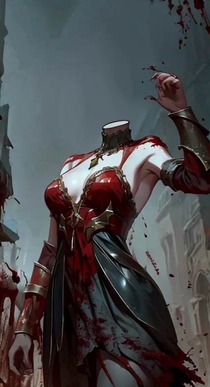 Idina the, Headless girl, covered in blood, zombie, blood covered neck, pale skin, gushing blood, heavy armor, foggy medieval town,