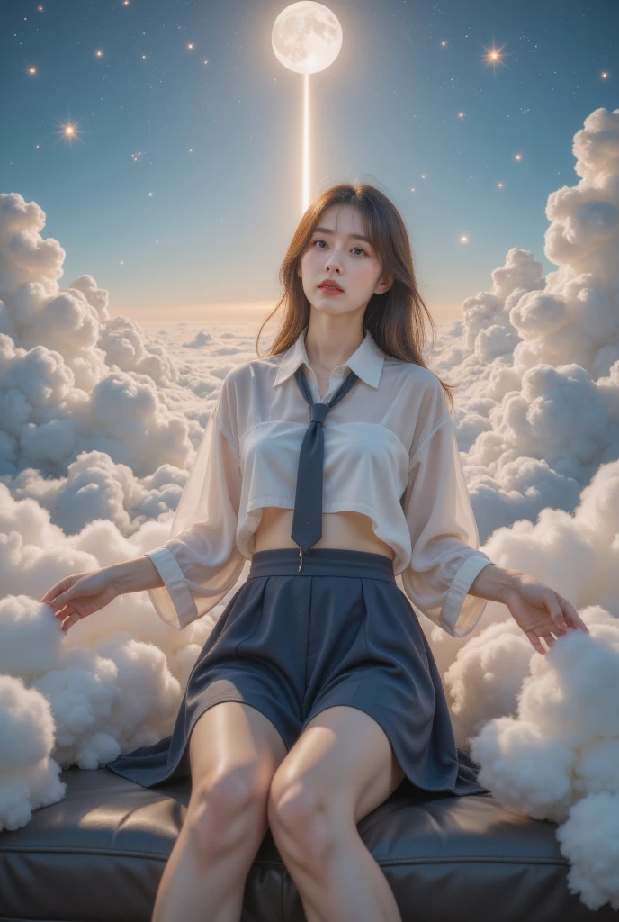  1 girl, halftone background , above the clouds refract spikes ,在云之上,new moon,   cute mini size in HD ,   atmospheric perspective, 8K,   Very detailed  , Precise,   Best quality , 
  1 girl, , Chest,   and watch the audience, (Look at the audience,:1.5),  
    brown hair    ,    brown eyes, parted Lips, underwear, , (Japanese school uniforms), 
 ( fully transparent dark blue dress ), (  sitting in a seat  :1.5), No underwear, , parted Lips, 
 Lips, (Flesh-colored skirt),   cowboy shooting  ,  ((( Spread your legs , Arms Crossed))), showing sexy White :1.5), Practical ,
(White, shirt, tie),
(Tang&#39; reveal your upper body :1.5),
( turn your body to the audience :1.5) , (From below, look up:1.5), ((Japanese Girls, Shortwave  ))