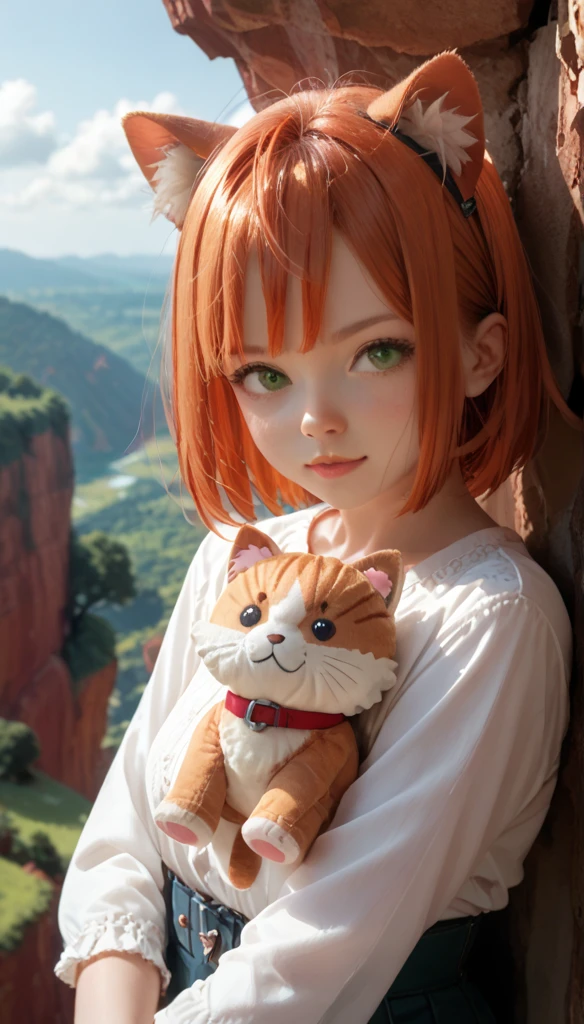 masterpiece,  Best quality, Sakura VRC, 1 Girl,  unique , Short hair, Redhead,  green eyes , Red Cliff,  animal ear plush ;3,  catmouth ,  