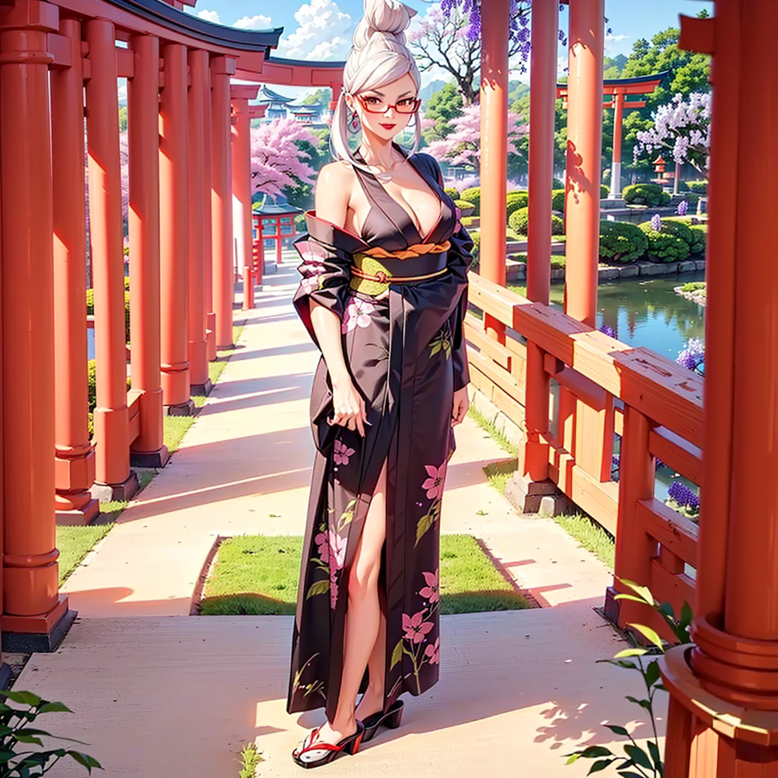 ((shiny eyes, 1girl, milf, standing, sexy pose, (AyaseSeiko, long hair, white hair, exotic hairstyle, hair bun, hair, brown eyes, red glasses), woman)), perfect face, sharp focus, professional artwork, intricate details)), ((fitness,, shapely body, athletic body, toned body)),((kimono, Yukata, Japanese garden, Japanese temple, forest, torii, trees, city in the background, red lipstick, clouds, smug, printed kimono, jacaranda trees, high heels, neckline, cleavage))