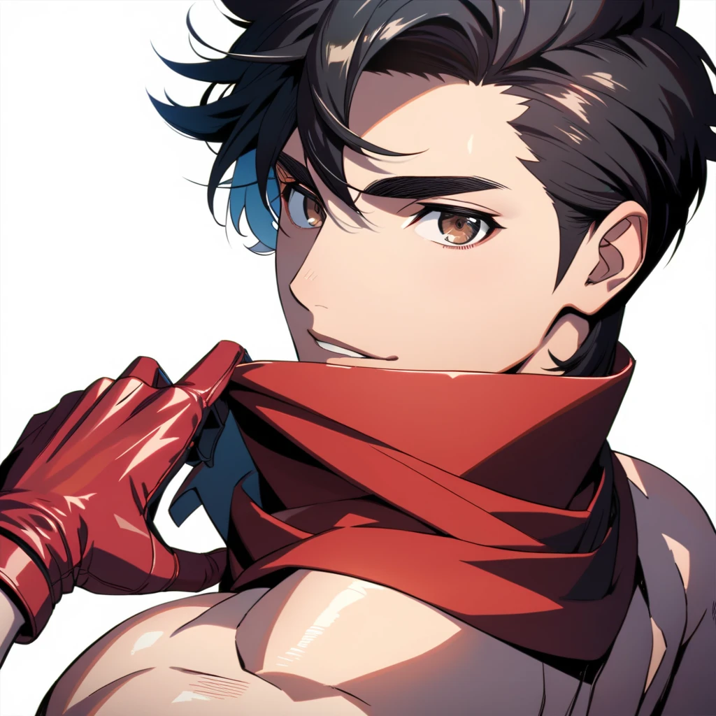 ultra detailed, master piece, best quality, cinematic angle, focus male, detailed eyes, detailed hands, light skin male, whole body, muscle, black hair, expressive brown eyes, red gloves, shirtless, red scarf, thong, posing, high angle, ass, looking at viewer, five-fingered hand, show back