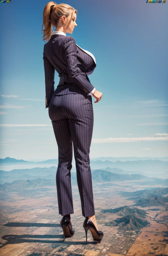 Giga Giantess art 1:4, two highly detailed giga giantess, ginger hair,bbw white woman full body view, 1000 miles tall giga giantess, giga giantess so massive the world is very small to her, huge breasts, light grey pinstriped 3 piece suit with trouser and blazer, white tailored shirt done up thick and very large Windsor knot tie, ties length reaches just passed the top of trousers, Has long full wavy ponytail, Wearing a pair of  polished round toe court heels Professional attire A look of enjoyment, Beautiful appearance, smile, horny (view from the ground)giga goddess, full body view, standing striaght, stomping on very tiny but massive continent, facing towards camera