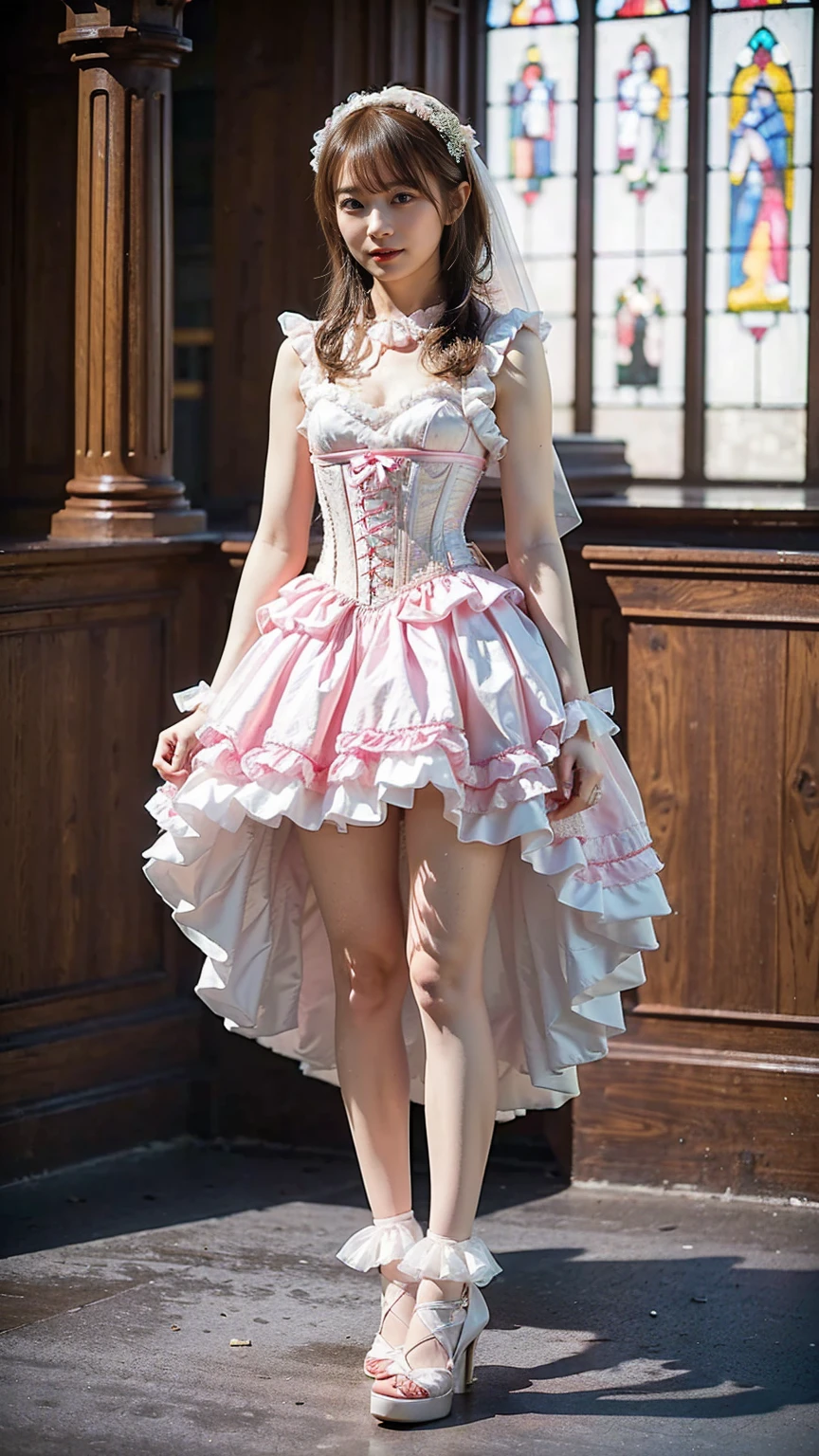 (nsfw), sexy stylish Swedish model, only 1 female, ((doll-like appearance)), short neon pink stylish hair, ((shiny Victorian-Style boots)), (big smile), ultra detailed eyes, vivid eye makeup, lip-gloss, long lashes, defined eyebrows, ((sexy Paradise Kiss cosplay)), bell-shaped skirt, petticoats, high neckline, puffed sleeves, ((ultra detailed lace)), ((ultra detailed embroidery)), intricate details, Paradise Kiss accessoires and matching headpiece, choker, ((large sparkling Paradise Kiss jewelry)), cinematic light, detailed large park background with trees