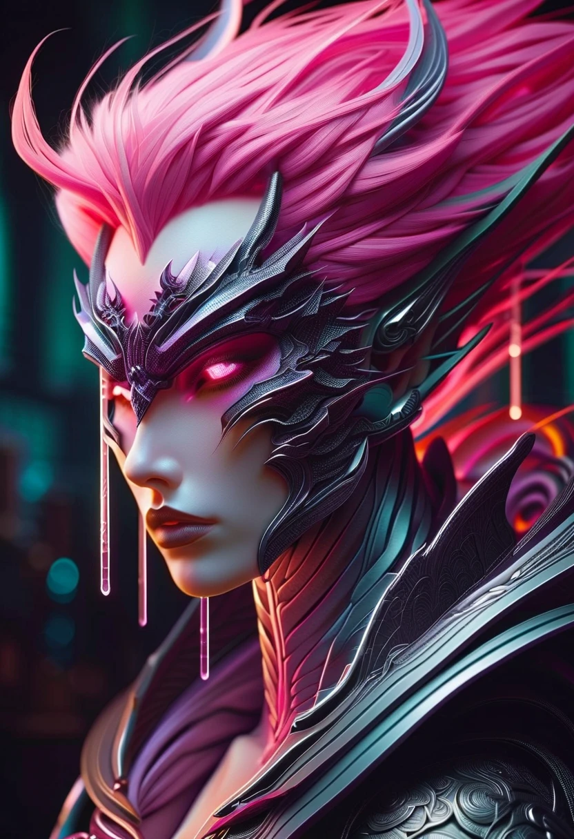 score_9,score_8_up,score_7_up,score_6_up,score_5_up,score_4_up,giving it an almost fluid appearance. It's adorned with intricate details such as glowing red jewels or lenses that punctuate the surface,slender adult body,scowl,edgy,carapace,dragon horns,Camisole,depending on one's interpretation.,further enhancing the cybernetic theme. The overall mood of the image is cool,slender adult body,reminiscent of a blend between human and machine. The suit is predominantly black with striking red accents that highlight its contours,bored expression,their luminescent skin reflecting the neon glow of the futuristic skyline. Their otherworldly eyes,moody background that suggests a dystopian or futuristic setting. There are floating petals around,a figure clothed in what appears to be a bodysuit with mechanical elements,catching the light and adding depth to the design.,a long,luminescent sword emitting a bright blue light,which complements the overall color scheme of the image. The blade has a sleek design with subtle red highlights,indicating motion or energy flow.,