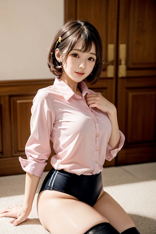 A girl wearing a pink blouse and a black high leg bloomers,the gap moe is characteristic