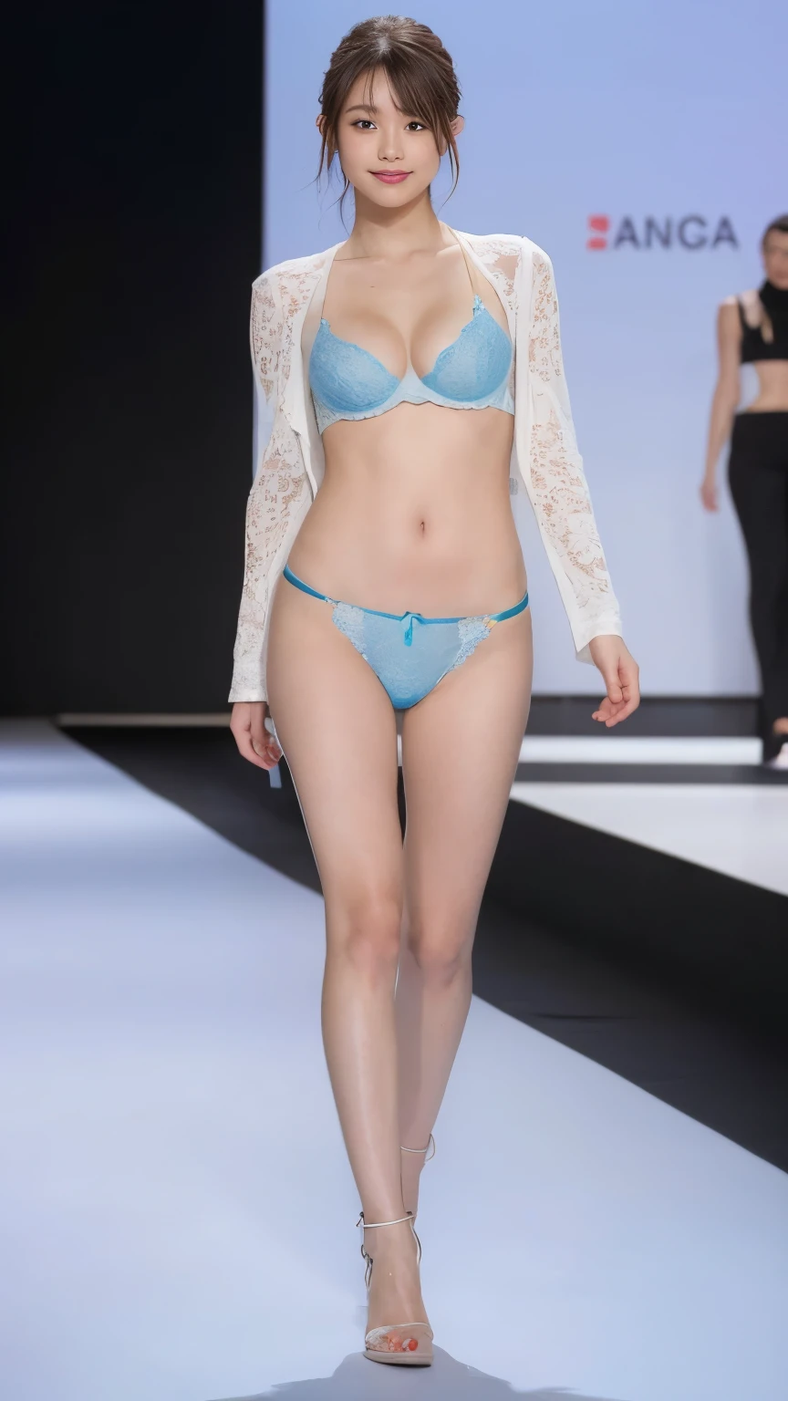 Best quality, 8k wallpaper, reality:1.4, shot in natural light, one woman, Japanese idol, 21 years old, (hairstyle and hair color random) A beautiful female model like a model at a fashion show in Paris is walking down the runway with a smile wearing lingerie ((color random)), (full body), delicate and realistic style. Detail face, beautiful skin,