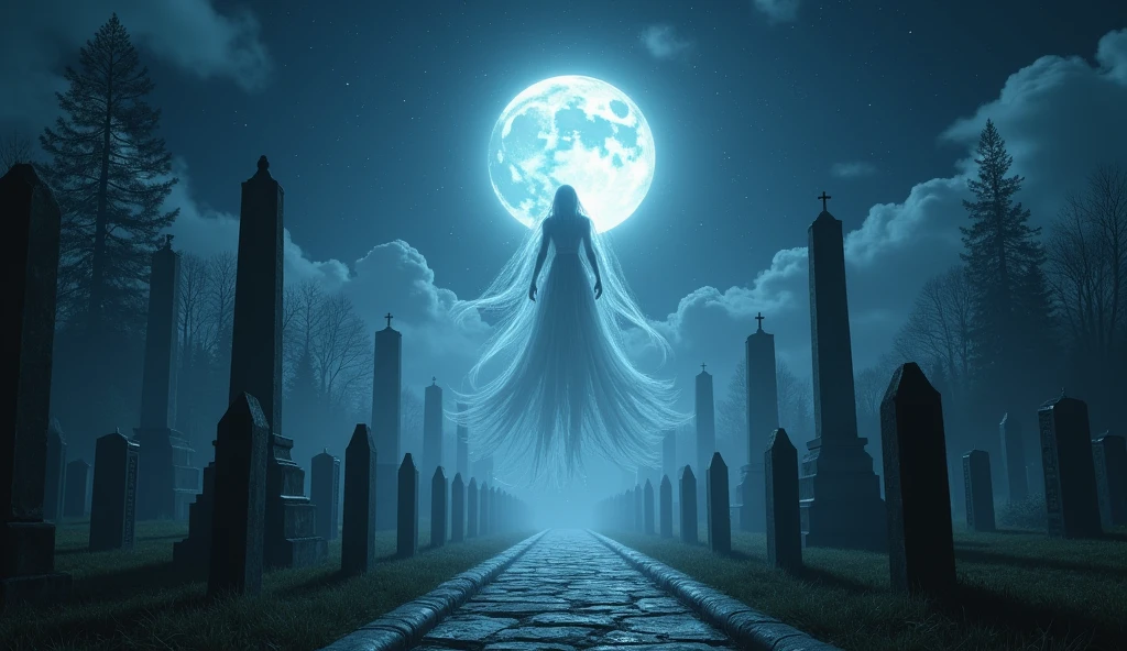 A chilling scene of the Lady in White hovering above a grave, her figure glowing softly in the moonlight, exuding a sense of eternal sadness