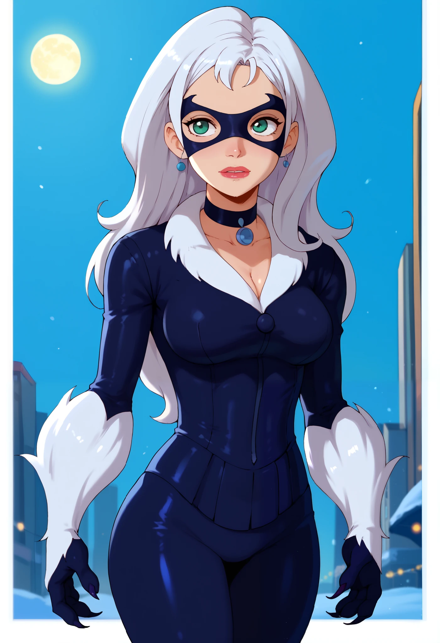 (masterpiece), HDR, highly detailed, 8k,
ambient occlusion, natural composition, harmonious, cinematic poster of Felicia "Black Cat" sexy female Marvel character, white hair, wearing "Black Cat" costume mask, in dynamic and sensual pose under the moonlight. Wearing a black latex costume with white fur. Hot body, detailed face, big breasts, anime style