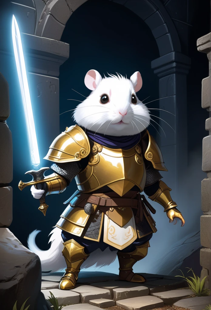 a breathtakingly detailed, high-contrast illustration of a colossal, anthropomorphic white hamster, dressed in worn, rusted light plate armor with a golden trim, and supple leather boots, grasping a mighty, glowing sword in its trotter, standing heroically in the midst of a dimly lit, mist-shrouded underground dungeon, as it valiantly battles a gargantuan, spider monster with scales as black as coal, its eyes aglow like embers, the air thick with tension, the stone walls cracked and worn, with ancient, mysterious runes etched into the walls, casting an eerie, flickering glow, in ultra-high resolution.