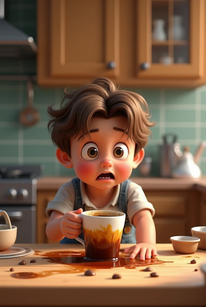 Realistic image a anxious young boy student holding a cup of full tea overflowing with tea spilling out of it in ashram kitchen 