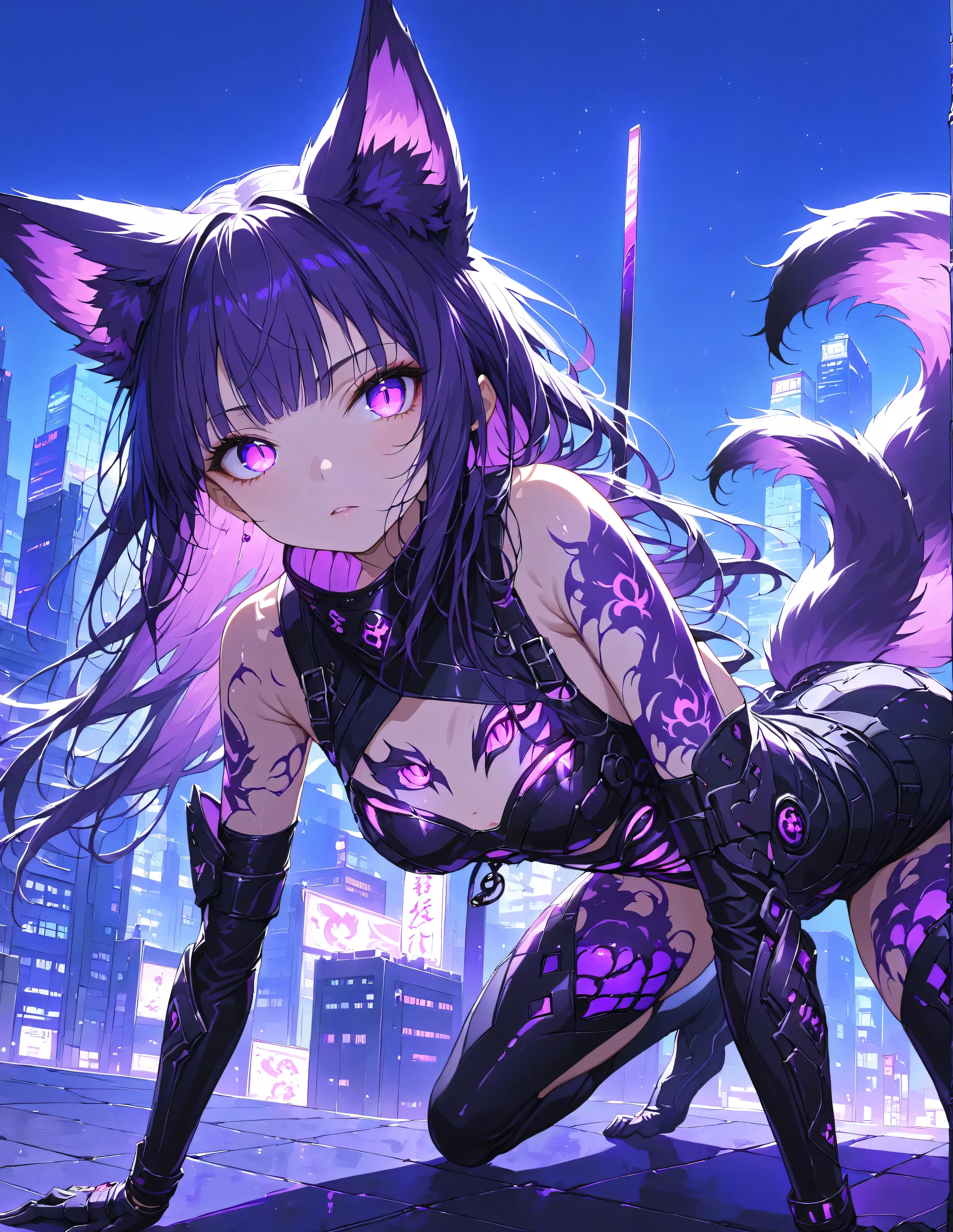 Masterpiece, high quality, high resolution, 16K, super detailed background, illustration by Makoto Shinkai, ultra realistic, digital painting, dark fantasy, fox girl, black and purple hair, bright purple eyes, narrow vertical pupils, glowing eyes, fox ears and tail, 9 tails, black ninja costume, purple neon, long eyelashes, beautiful skin, super detailed skin, beautiful legs, pale skin, shadowy patterns on skin, on top of building, on all fours, shadows wriggling, neon shining