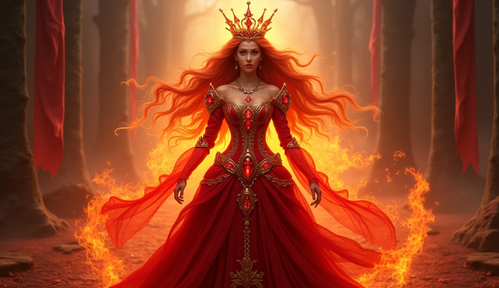 a beautiful queen of the fire kingdom, fire elemental, detailed facial features, piercing eyes, flowing red hair, elaborate fiery crown, ornate gold and ruby jewelry, flowing red velvet cape, powerful fiery aura, dramatic lighting, cinematic composition, digital painting, masterpiece, highly detailed, photorealistic, 8k, hyper realistic, dramatic lighting, vibrant colors