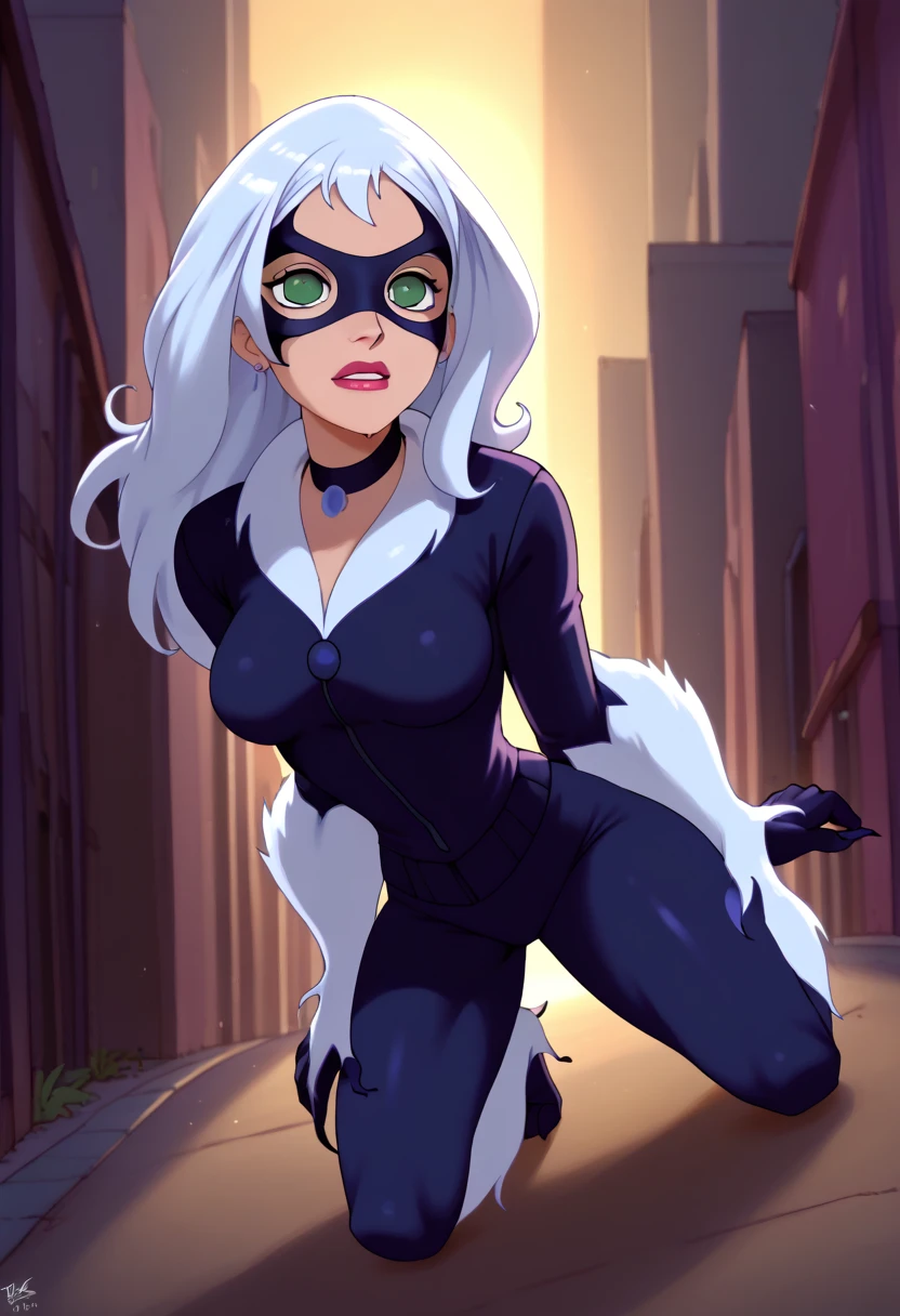 (masterpiece), HDR, highly detailed, 8k,
ambient occlusion, natural composition, harmonious, cinematic poster of Felicia "Black Cat" sexy female Marvel character, white hair, wearing "Black Cat" costume mask, in dynamic and sensual pose under the moonlight. Wearing a black latex costume with white fur. Hot body, detailed face, big breasts, anime style