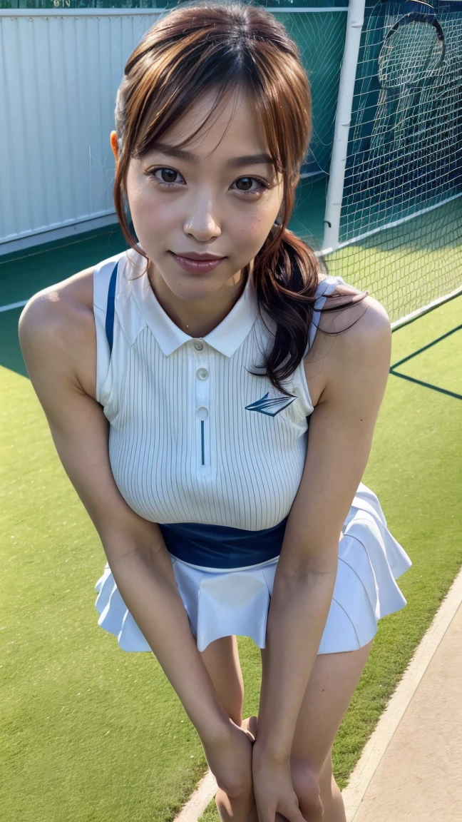 beautiful detailed eyes, beautiful detailed lips, extremely detailed eyes and face, long eyelashes, 1 girl, 18 years old, healthy thighs, beautiful legs, beautiful skin, random hair color, random hairstyle, large breasts, female tennis player, (tennis outfit:1.3), full body shot, shoes, (best quality,8k,ultra-detailed,masterpiece:1.3),realistic,photorealistic,photo-realistic:1.37,ultra-fine painting, vivid colors, physically-based rendering, professional, hayashiyuka