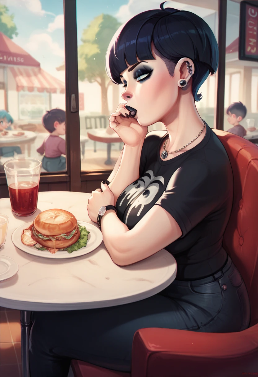 Restaurant, small shota toddler, at the dinner table, sitting, goth mother 