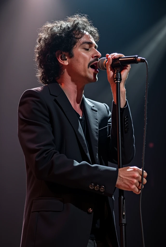 male rock singer 35 years black hair singing on stage holding a microphone stage with lights