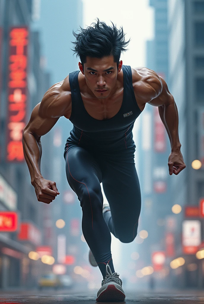 portrait of a 1 handsome korean man (25 year old) wearing a tight black tank top, front view, he is running on the street (smirk:0.65), (angry:0.3), cinematic shot on canon 5d ultra realistic, urban atmosphere, skyscrapers, night scene, sakura petals are flying over the background, short hair undercut, (extremely handsome:1.2)