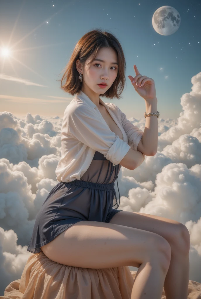 1 woman, halftone background , above the clouds refract spikes ,Above the clouds ,new moon,   HD pictures in cute mini size ,   atmospheric perspective, 8K,   Very detailed  , Precise,   Best quality , 
  1 girl, , Chest,   and watch the audience, (Look at the audience,:1.5),  
    brown hair    ,    brown eyes, parted Lips, underwear, , (Japanese school uniforms), 
 ( fully transparent dark blue dress ), (  sitting in a seat  :1.5), No underwear, , parted Lips, 
 Lips, (Flesh-colored skirt),   cowboy shooting  ,  ((( Spread your legs , Arms Crossed))), showing sexy White :1.5), Practical ,
(White, shirt, tie),
(Tang&#39; reveal your upper body :1.5),
( turn your body to the audience :1.5) , (From below, look up:1.5), ((Japanese Girls, Shortwave  ))