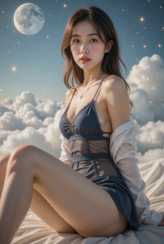 1 woman, halftone background , above the clouds refract spikes ,Above the clouds ,new moon,   HD pictures in cute mini size ,   atmospheric perspective, 8K,   Very detailed  , Precise,   Best quality , 
  1 girl, , Chest,   and watch the audience, (Look at the audience,:1.5),  
    brown hair    ,    brown eyes, parted Lips, underwear, , (Japanese school uniforms), 
 ( fully transparent dark blue dress ), (  sitting in a seat  :1.5), No underwear, , parted Lips, 
 Lips, (Flesh-colored skirt),   cowboy shooting  ,  ((( Spread your legs , Arms Crossed))), showing sexy White :1.5), Practical ,
(White, shirt, tie),
(Tang&#39; reveal your upper body :1.5),
( turn your body to the audience :1.5) , (From below, look up:1.5), ((Japanese Girls, Shortwave  ))